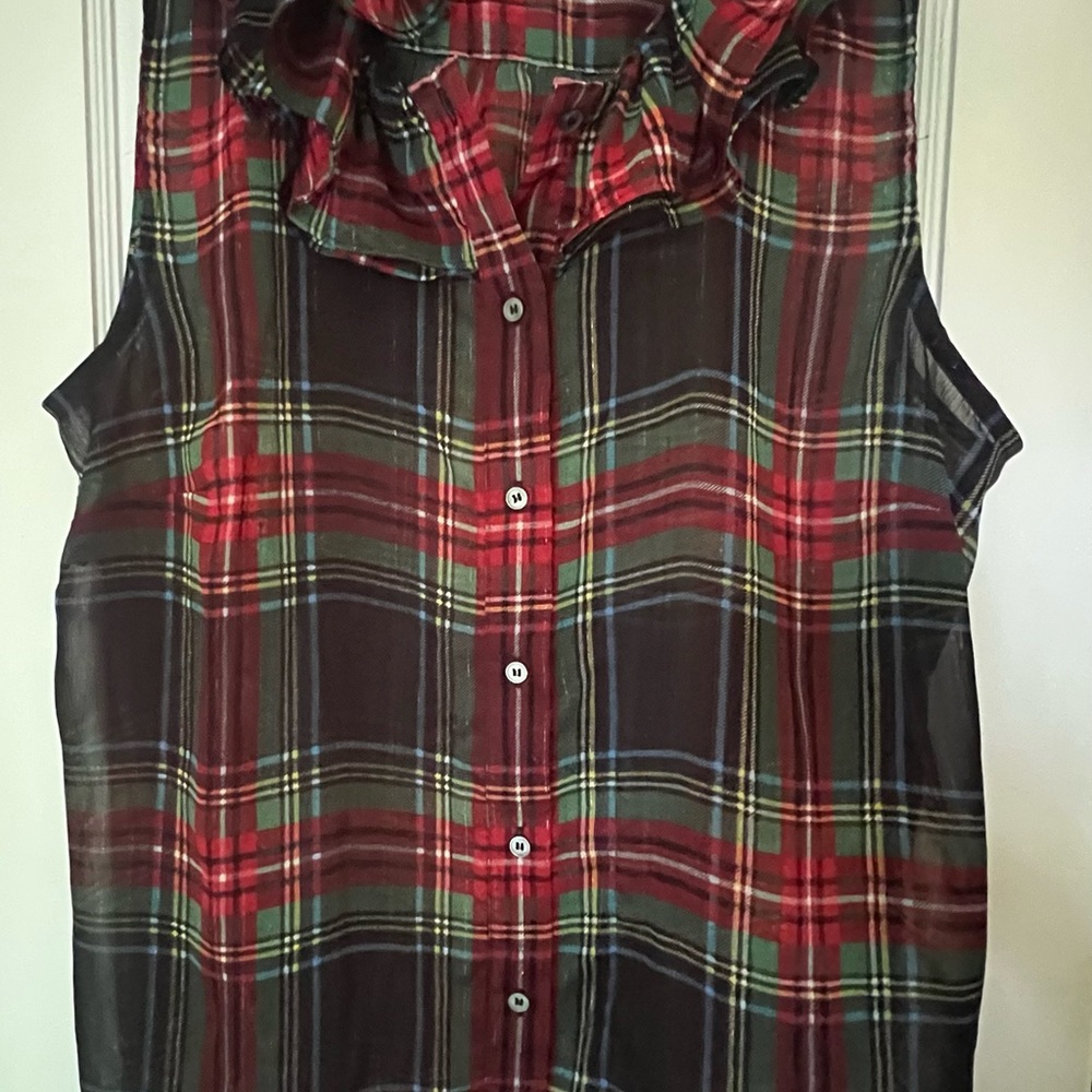 J. Crew Black and Red Button Down Blouse with Bib Collar